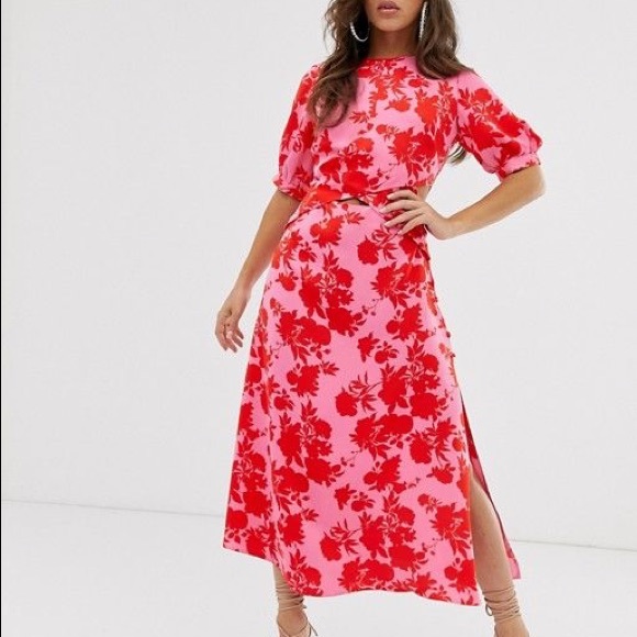 ASOS DESIGN puff sleeve wrap front midi dress with cutout in floral print - Picture 5 of 7